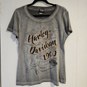 Harley Davidson Womens Large T Shirt gray orange Rhinestone Short Sleeve Y2K